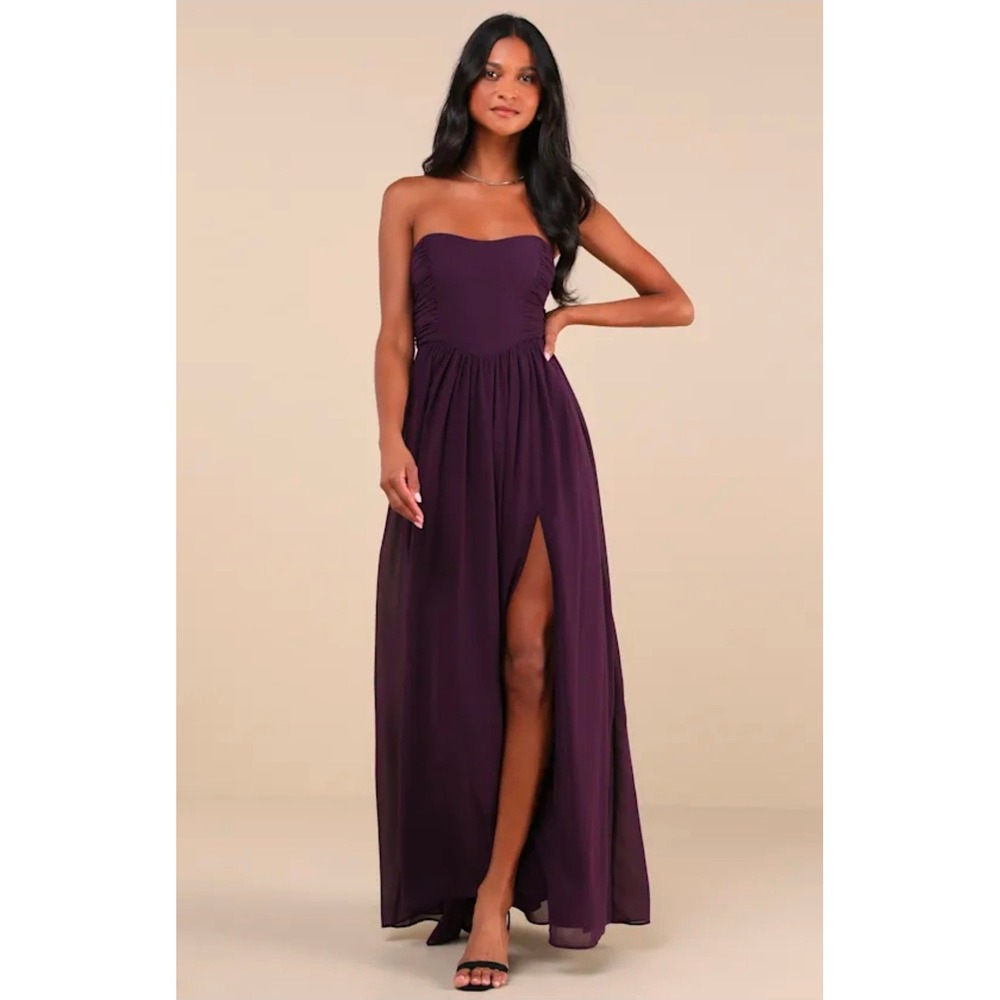 Lulus Plum Purple Strapless Ruched Chiffon Maxi Dress Thigh Slit Size M NEW